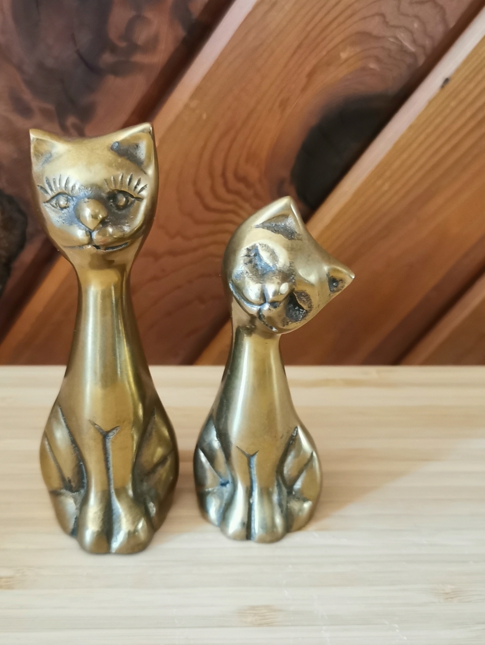 Vintage Solid Brass Cat Figurines Pair – Small MCM Etched Cats Couple